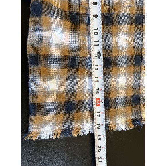 OBEY WORLDWIDE Flannel Shirt Women's Small Tan Blue Cropped Raw Hem Grunge Punk - Picture 11 of 12